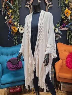 Fringe Open-Knit Cardigan Wrap in Cream